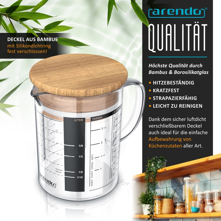 Actual product image Arendo Measuring jug 350 ML made of glass, 0.35 litre, airtight, bamboo lid, silicone seal for flour (350 ml)