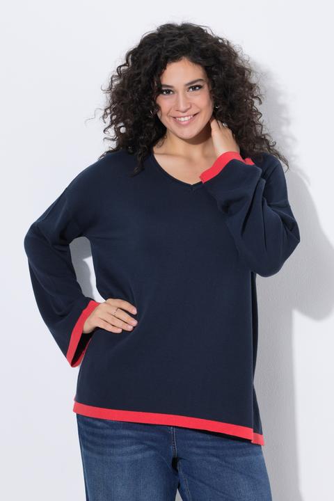 Produktbild Ulla Popken Pullover, farbige Bündchen, V-Ausschnitt, Langarm (50)