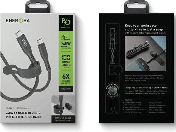 Actual product image Energea cable Flow USB-C - USB-C Digital Display 1.5m czarny/black 240W 5A PD Fast Charge (1.50 m, USB 2.0, 240 W)