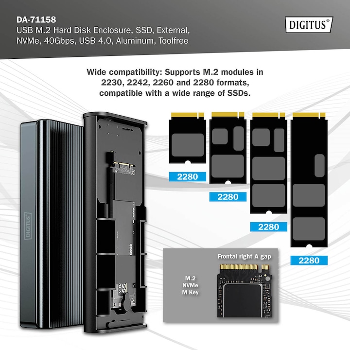 Produktbild Digitus USB M.2 Festplattengehäuse, SDD, extern, NVMe, 40Gbps, USB 4.0, Aluminium, toolfree (M.2)