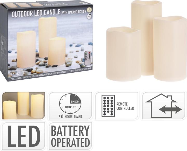 Produktbild Mojawo LED Outdoor Kerzen Kerzenset Fernbedienung Timer Elfenbein H15/20/25cm (3 x)
