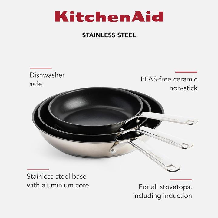 Actual product image KitchenAid Patelnie stalowe z powłoką 20 + 24 + 28 cm (20 cm, Frying pan, Pan set + pot set, Stainless steel)