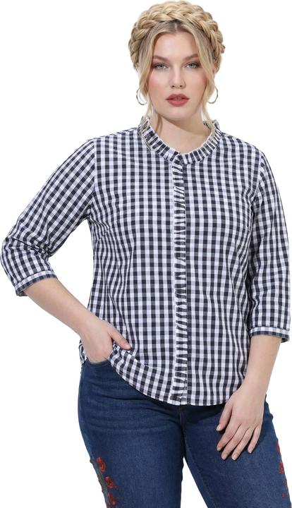 Actual product image Ulla Popken Checked Ruffle Trim 3/4 Sleeve Button-Down Shirt (46)