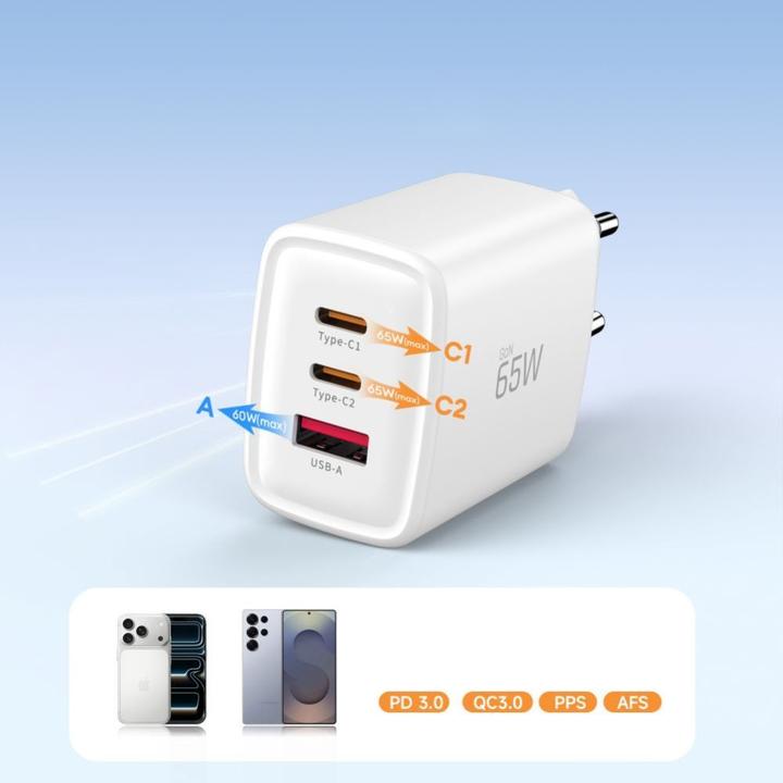 Image du produit Tech-Protect NCA65W-GAN USB-A, 2xUSB-C Netzladegerät PD 65W / QC3.0 Weiss (65 W, 3 ports)