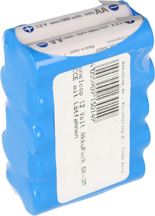 Produktbild Sanyo Eneloop 12 Volt Akku BK-3MCCE mit Lötfahnen (1 Stk., 2000 mAh, Ladegerät inkl. Akku)