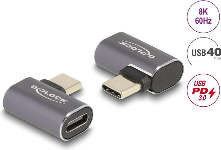 Produktbild Delock USB Adapter 40 Gbps USB Type-C PD 3.0 100 W Stecker zu Buchse gewinkelt links / rechts 8K 60 (USB Typ-C, 2.20 cm)