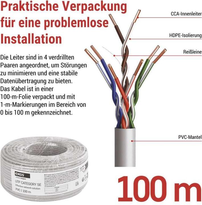 Immagine prodotto Emos Datenkabel UTP CAT 5E PVC CCA, 100m (UTP, CAT5e, 100 m)