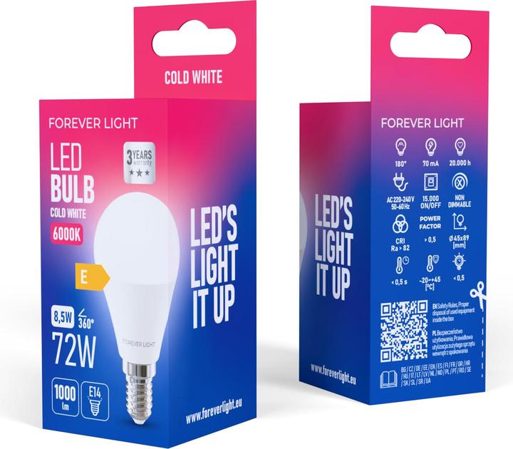 Produktbild Forever Light LED Bulb E14 G45 8.5W 1000lm 6000K class E (E14, 1000 lm, 100x)