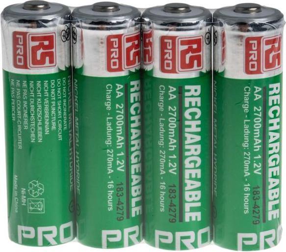 Produktbild RS PRO AA Akku NiMH 1.2V, 2.7Ah, geringe Selbstentladung (4 Stk., AA, 2700 mAh)