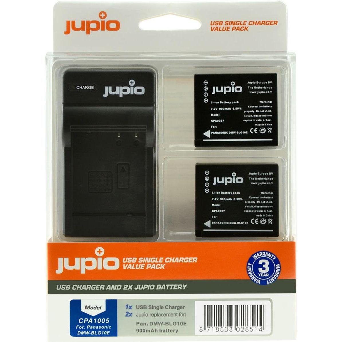Jupio Set di caricabatterie per Panasonic DMW-BLG10 + 2x batterie, Alimentatore fotocamera, Nero