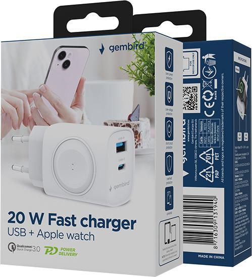 Actual product image Gembird 2-in-1 20 W Apple Watch and Phone Fast Charger | TA-UC-PDQCW20-01-W (20 W, 2 ports)