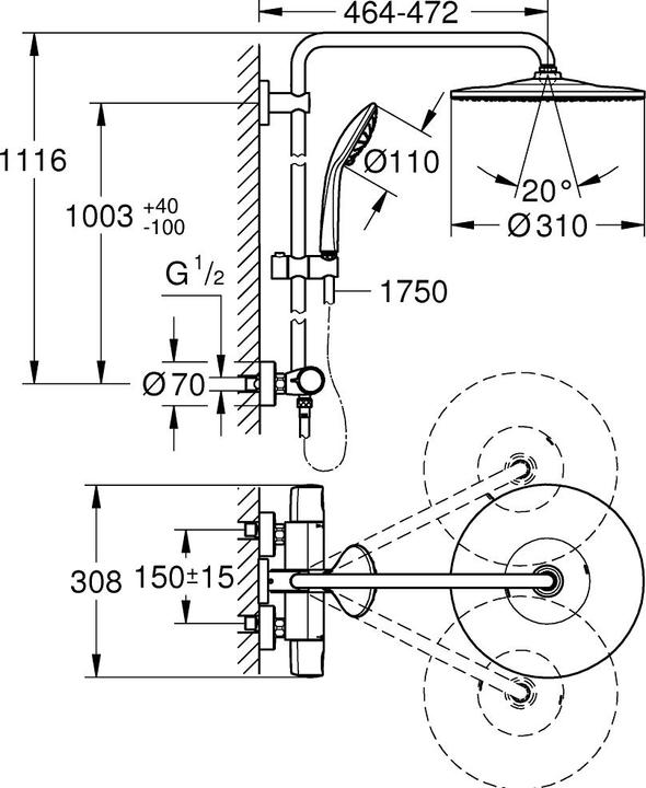Actual product image Grohe Shower system EUPHORIA SYSTEM 310 with thermostatic mixer chrome