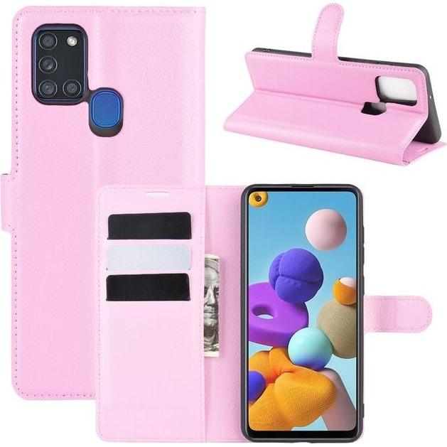 MU Classic Litchi Leder Bookcover Series (Samsung Galaxy A21s), Smartphone Hülle, Pink