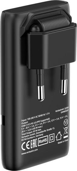 Productafbeelding Verbatim GaN III Fold 'n' Go Charger 2 Port 65W USB-C black (65 W)