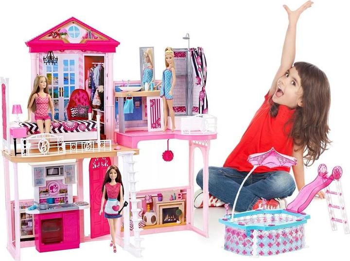 Image du produit Barbie Maison de complet 110x92x15 cm, 2 étages, avec meubles, piscine, 3 poupées