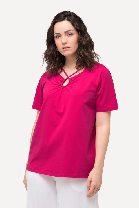 Image du produit Ulla Popken T-shirt à rubans fantaisie, manches courtes et découpe (58)