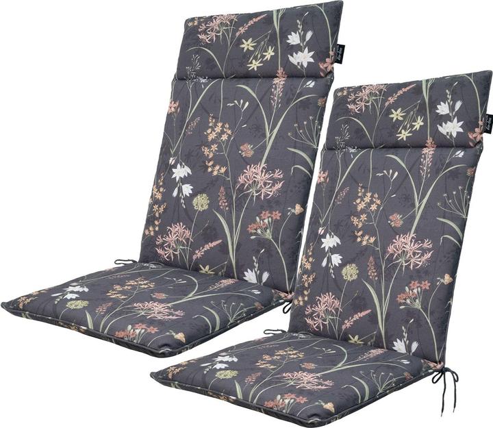 Natura Punto 2er-Set Hochlehner-Auflage, Gartenstuhlkissen wasserabweisend, Blumenmuster anthrazit (120 x 50 cm)