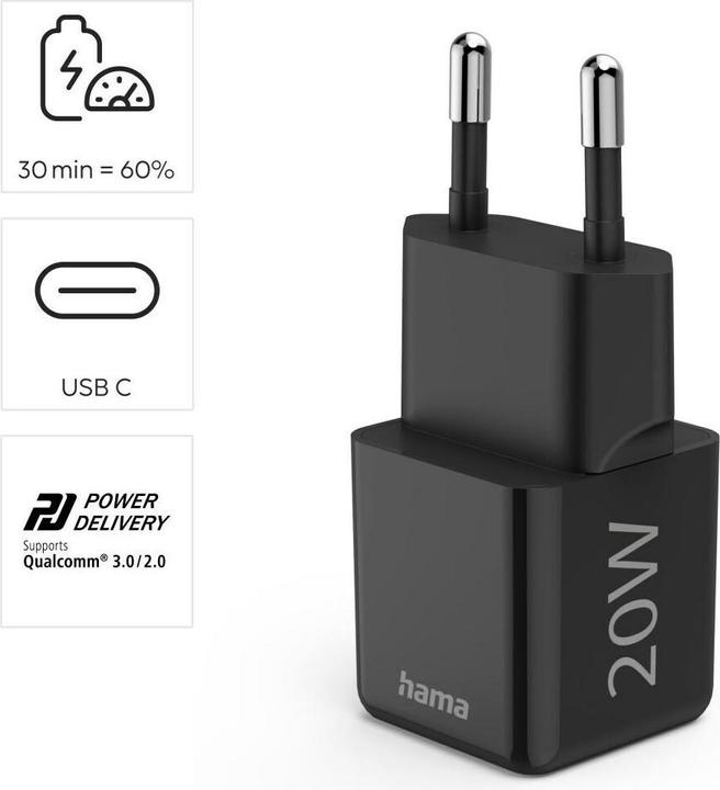 Image du produit Hama Chargeur rapide, USB-C, PD/Qualcomm®, Super-Mini-Charger, 20 W, noir (20 W, 1 portion)