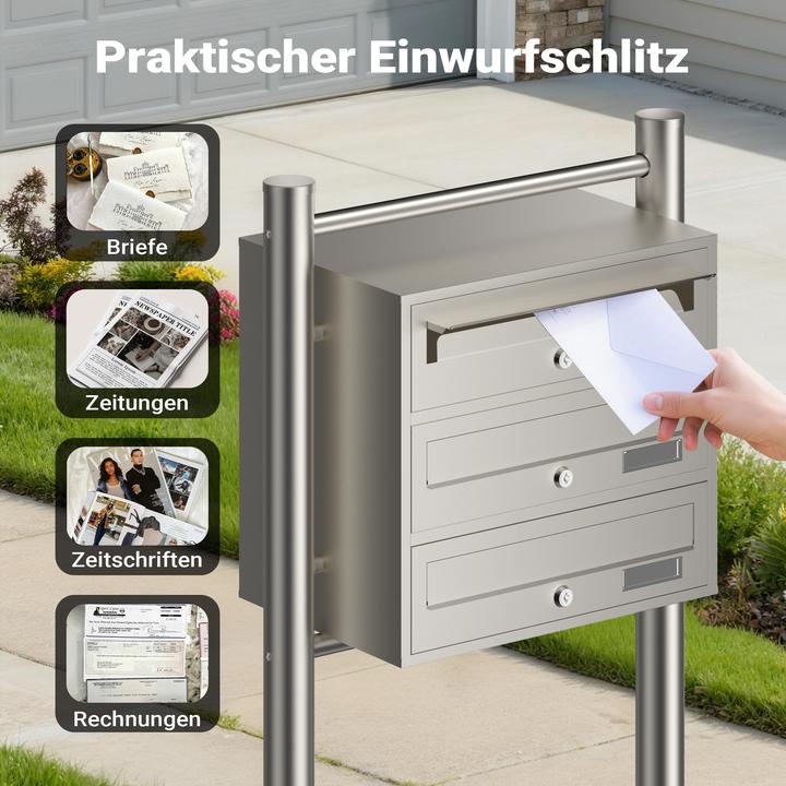 Actual product image Wiltec 3-post letterbox system stainless steel 512x270x1150mm Postal mailbox