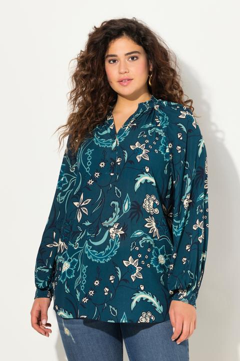 Image du produit Ulla Popken Blouse à manches longues, encolure en V et col montant smocké. Coupe évasée. (50, 52)