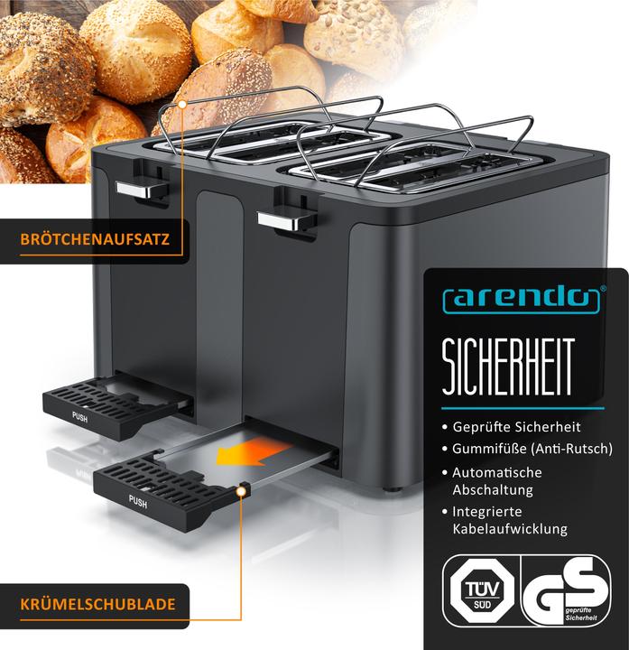 Produktbild Arendo Toaster 4 Scheiben Kurzschlitz, Edelstahl, Wärmeisolierendes Doppelwandgehäuse, Automatik, 1750 W