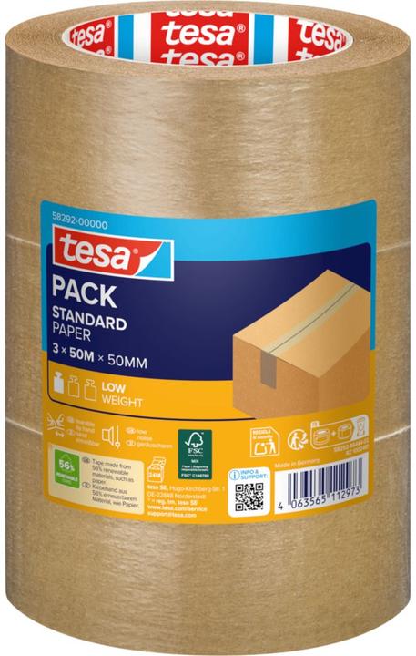 Produktbild tesa 3x tesapack PAPER STANDARD Verpackungsband - 56 % biobasiertes Material - recyclingfreundlich (50 mm)