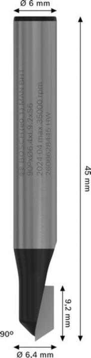 Image du produit Bosch Professional Zubehör Fraise à rainurer en V, 6 mm, D1 6,35 mm, L 9,2 mm, G 48 mm, 90