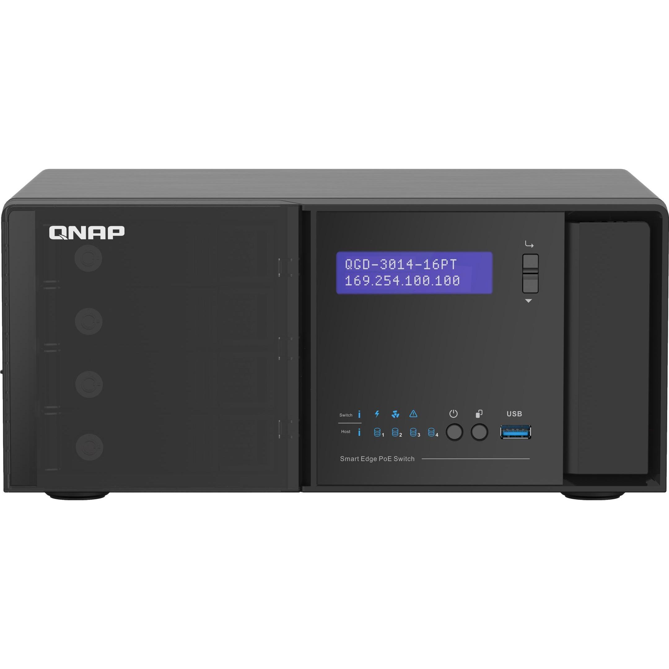 QNAP QGD-3014-16PT, J4125,.5 inch HDD, 2xM.2 SATA SSD, 2xUSB3.0, 14x RJ45 PoE ports, 2x (16 Ports), Netzwerk Switch, Sch...