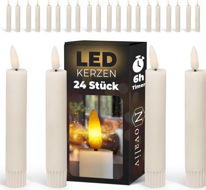 Novaliv Set of 24 Stick Candle LED - Stick candle made of real wax moving flame timer - 12,5cm height for (24 x)