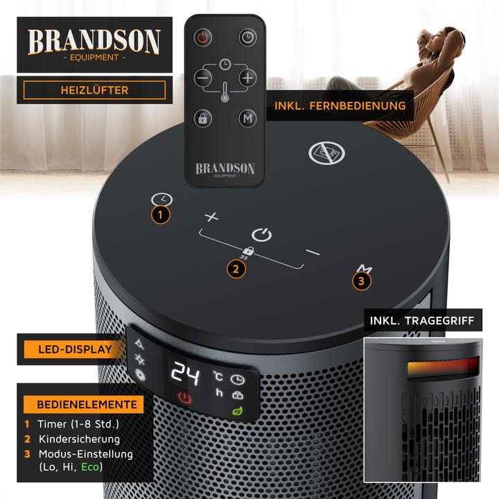 Produktbild Brandson Keramik-Heizlüfter 1500W, LED Display, Überhitzungsschutz, 70° oszillierend, Eco-Modus, schwarz (1500 W)