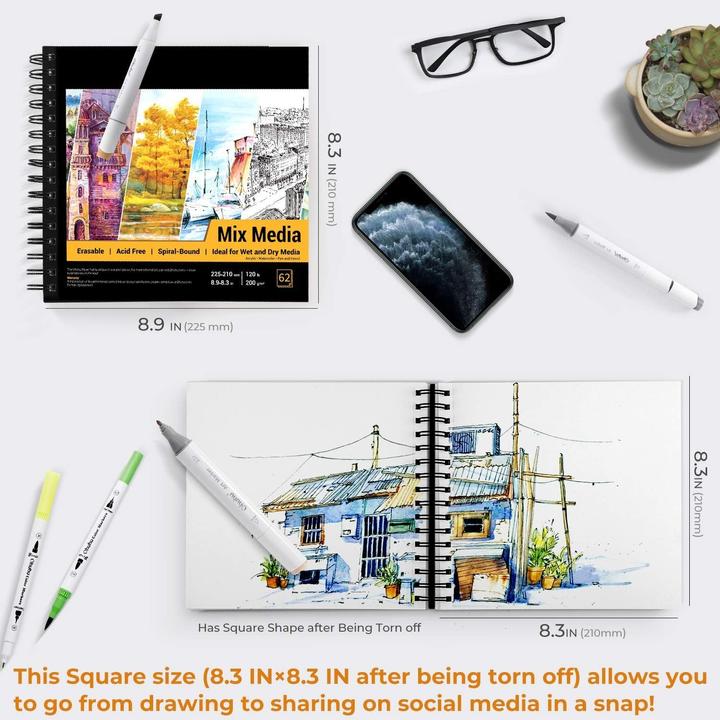 Immagine prodotto Ohuhu Mix Media Kunst-Skizzenbuch, 62 Blatt, 22.5 x 21 cm (22,5 x 21 cm, Nessuna, Copertina morbida)
