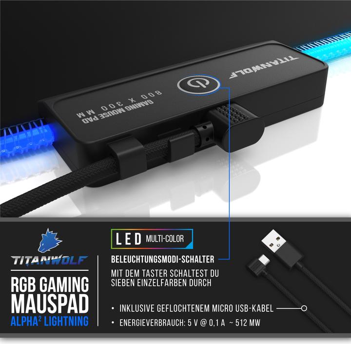 Image du produit Titanwolf RGB Gaming Mauspad, Mausmatte XL 800 x 300 mm verbessert Präzision & Geschwindigkeit, schwarz (XL)