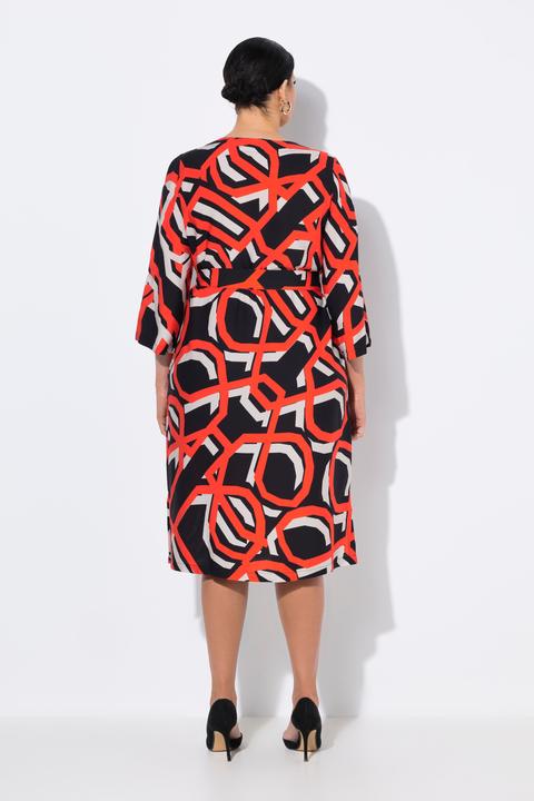 Actual product image Ulla Popken Geometric Print Split Neck Tie Belt Dress (42, 44)