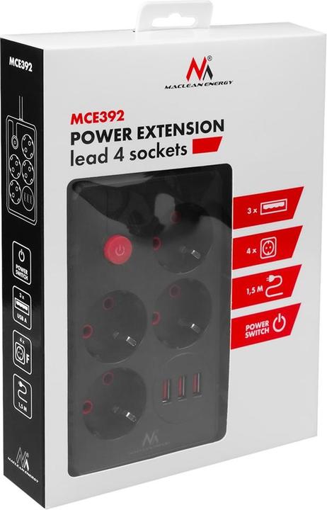 Actual product image Maclean Multiprise 4 prises MCE392 + USB + Interrupteur 1,50m (Noir) (4x, USB-A, 1.50 m)