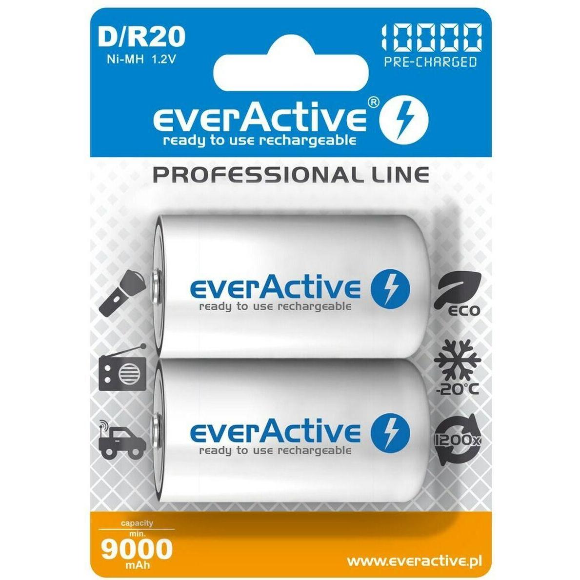 Everactive Batterie ricaricabili R20/D Ni-MH 10000 mAh pronte all'uso - Batteria - Mono (D) (1 pz., D, 10000 mAh), Batterie + pile