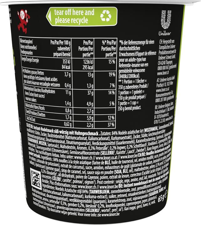 Nutritional values and ingredients Knorr Asia Noodles Chicken Teriyaki gobelet 1 portion (79 g)