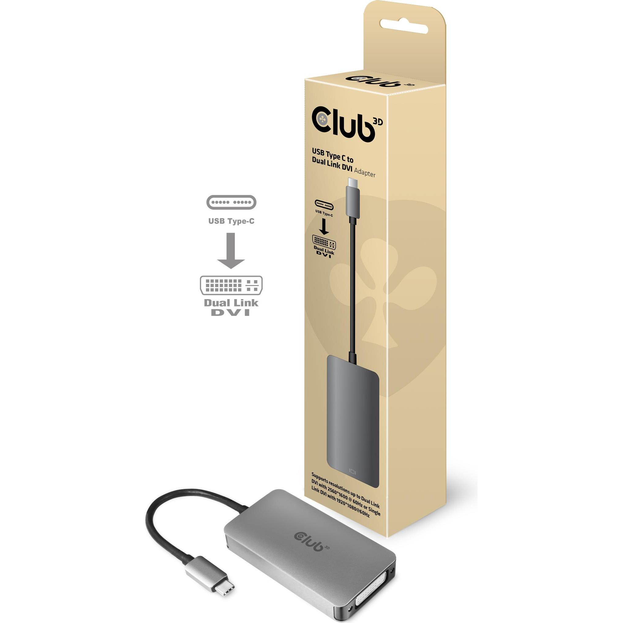 Club 3D USB Typ-C zu (DVI, 24.50 cm), Adattatore dati + video, Grigio
