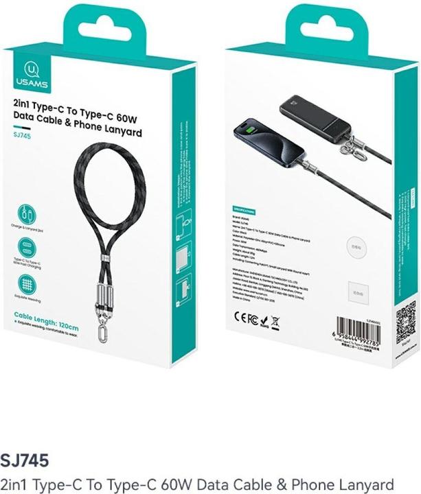 Produktbild Usams Smycz do telefonu z kablem do ładowania SJ745 60W USB-C do USB-C 1.2m zielony (1.20 m, 60 W)
