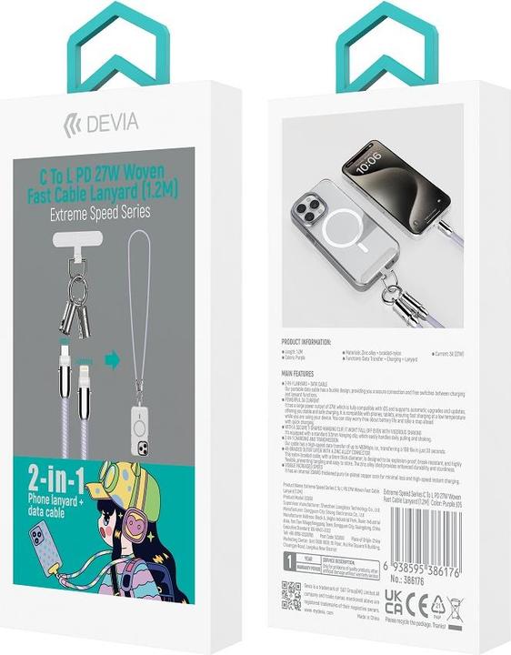 Produktbild Devia Kabel Lanyard 2in1 PD USB-C - Lightning 1,2 m 27W lila (1.20 m, USB 3.2 Gen 1, 27 W)
