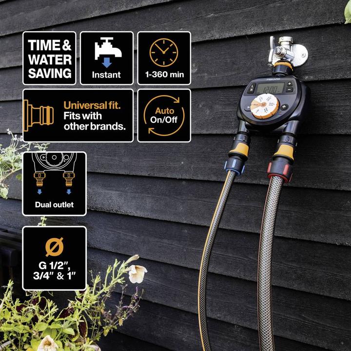 Produktbild Fiskars Zeitschaltuhr/Timer mit 2 Ausgängen, Für alle gängigen Wasserhahngrössen, Leicht ablesbares L (Bewässerungsuhr)