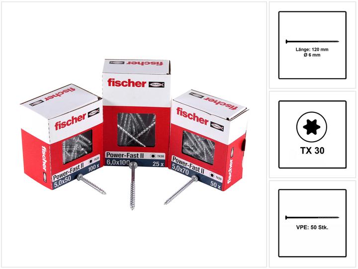 Immagine prodotto Fischer Power-Fast II FPF II Vite truciolare 6.0x120 mm 50 pezzi ( 670690 ) Testa svasata con Torx Te (50 Viti per pezzo)