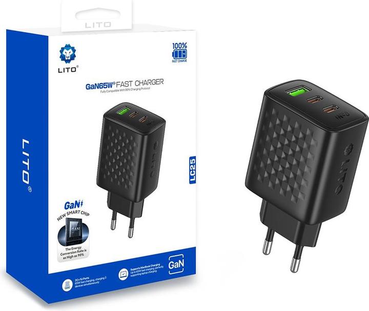 Image du produit Lito - Wall Charger (LC25) - 2x Type-C, USB Output, PD65W, GaN, PC Fireproof, EU Plug - Black (65 W)