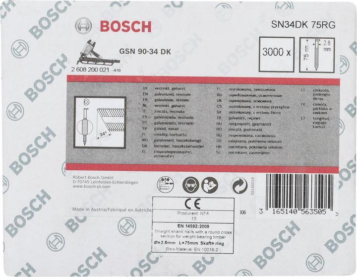 Produktbild Bosch Professional Zubehör D-Kopf Streifennagel SN34DK 75RG, 2,8 mm, 75 mm, verzinkt, gerillt