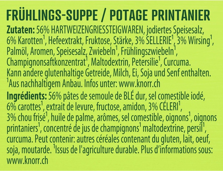 Nährwerte und Zutaten Knorr Frühlings-Suppe Beutel mit Flädli, Suppe mit Gemüse ohne geschmacksverstärkende Zusatzstoffe