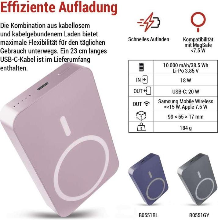 Actual product image Emos Powerbank WI 1046, 10 000 mAh, 20 W+Wireless, lachs (10000 mAh, 20 W, 38.50 Wh)