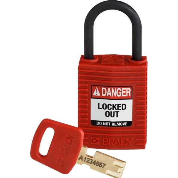 Brady, Vorhängeschloss, Safekey Kompaktes Nylon-Sicherheitsschloss mit Nylonbügel, Rot, 25 mm Bügelhöhe, 4.3 mm Bügeldur...