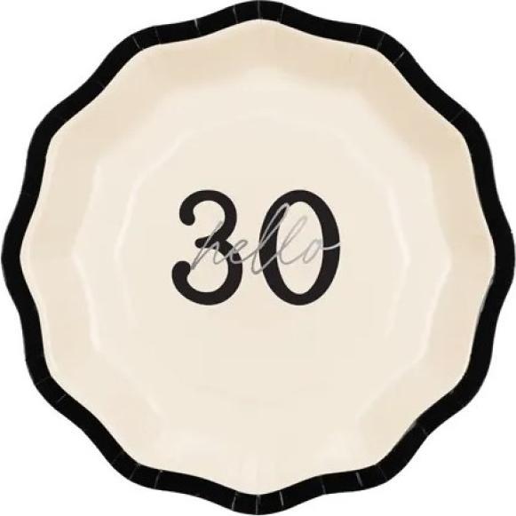 Creme mit schwarzer Schleife und Aufschrift „hello 30“
