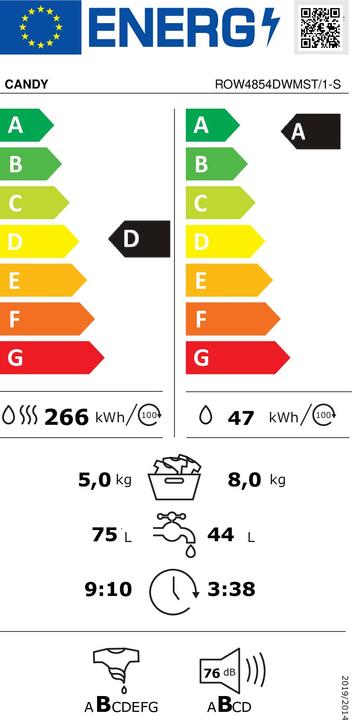 Energie-Label Candy Rapidα ROW4854DWMST/1-S Waschtrockner Freie Aufstellung Frontlader Weiss D