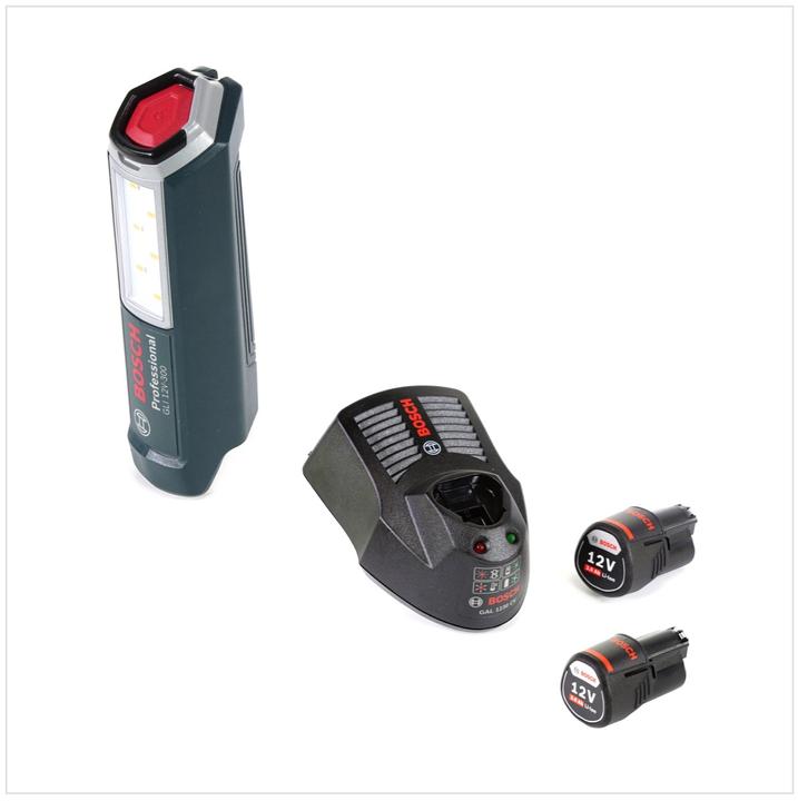 Immagine prodotto Bosch Professional Lampada GLI 12V-300 + 2x batteria GBA 12 V 3.0 Ah + caricatore GAL 1230 (300 lm)