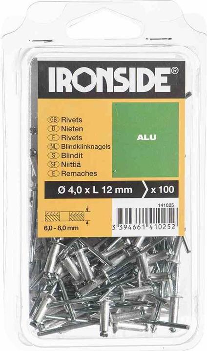 Produktbild Ironside Blindnieten 4,0 x 12 mm Aluminium, Verpackungsinhalt: 100 Stück